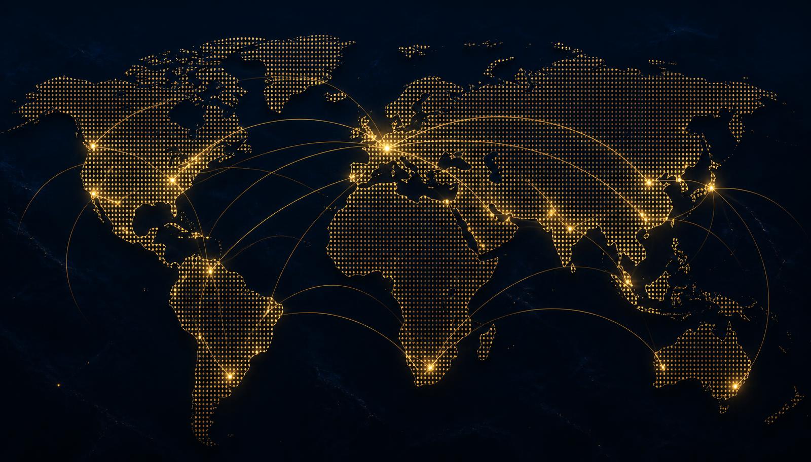 Illustrated world map with glowing routes between cities